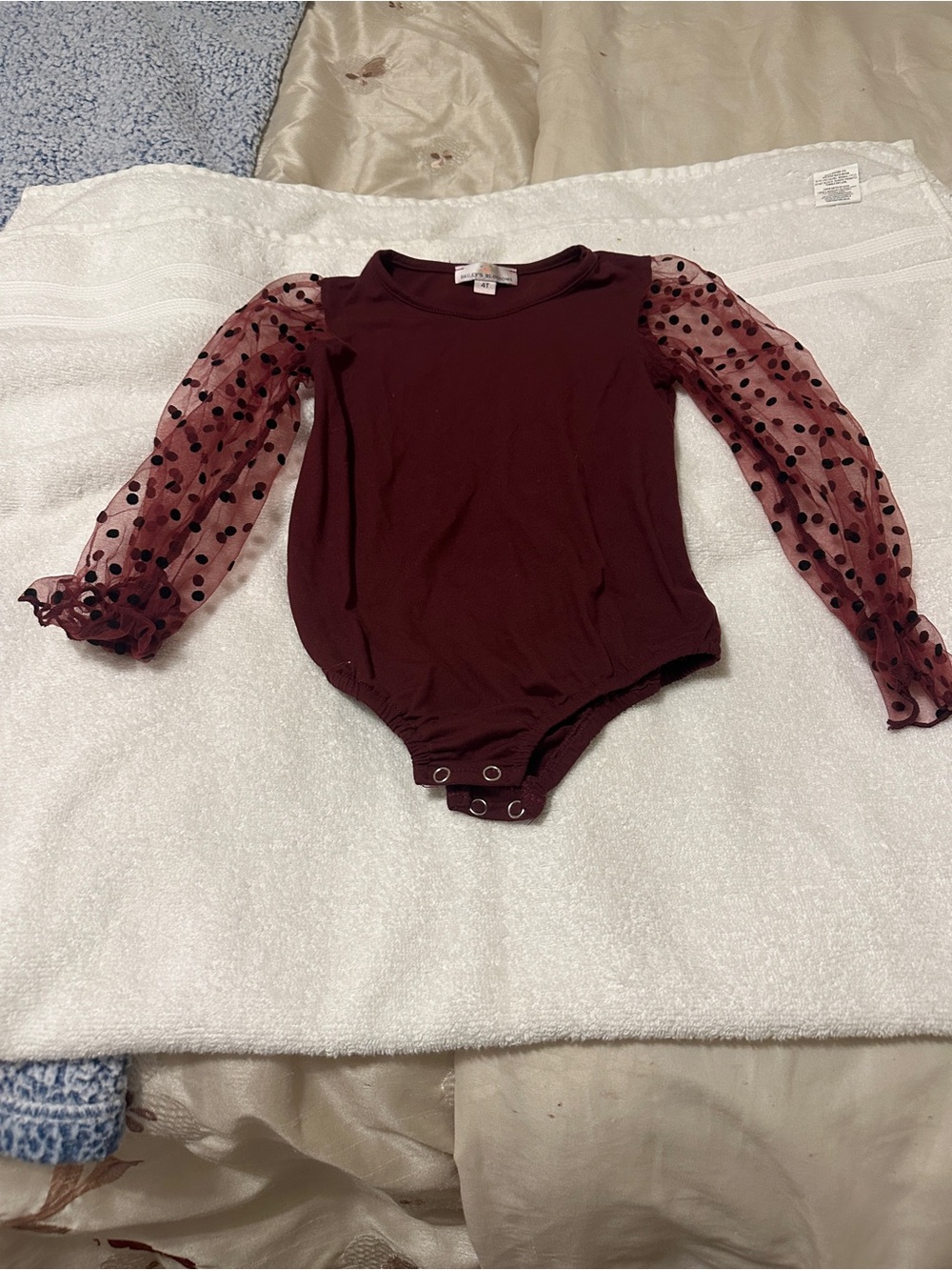 Bailey's Blossoms toddler one piece with Polka Dot sheer sleeves 4T Burgundy